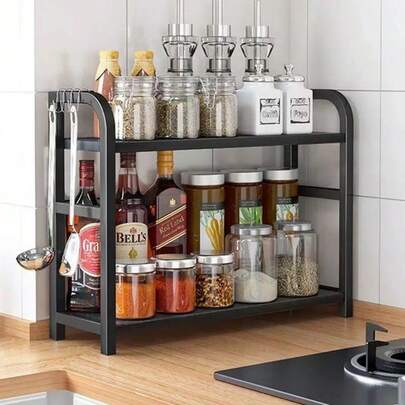 1 pieza 30*14*42 cm Estantería de almacenamiento de cocina de estilo nórdico de 2 niveles - Estantería de almacenamiento de madera y hierro, puede almacenar platos, ollas, condimentos y verduras | 1 set libera espacio en el mostrador, adecuado para espacios pequeños | Diseño estable sin perforación