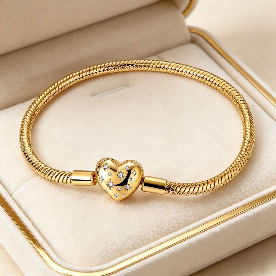 1Pc 18K Gold Plated Star Heart Snake Chain Bracelet Charms Minimalist Stackable Style For Women Perfect Giftable For Everyday Wear Layering - Gold - View 1