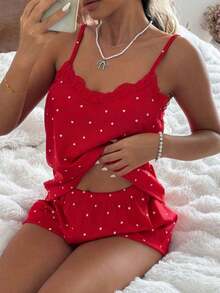 Conjunto de pijama para mujer, de tela de canalé, con estampado de corazones y aplicaciones de encaje, romántico, dulce, lindo y sexy, con camiseta y shorts - Rojo - Ver 4