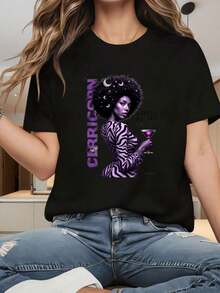 Camiseta de Mujer con Estampado Gráfico, Algodón Ligero, Verano, Cuello Redondo, Manga Corta. Camiseta de Mujer con Estampado de Cebra Morada "Cricorn Love Me Or Leave Me Always" y una Mujer Sosteniendo un Vaso de Cóctel. Estampados Divertidos Son Adecuados Para Fiestas de Navidad, Actividades Deportivas, Fiestas de Vacaciones, Salidas, Deportes y Otros Regalos Festivos (220g).Oversize Camiseta Mujer Estampado 100% Algodón Puro - Negro - Ver 1