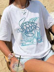 Camiseta Casual para Mujer, Estética Y2K, con Gráfico de Líneas de Tortuga Marina, Camiseta de Manga Corta con Cuello Redondo, Estilo Urbano Casual, Top Vintage Retro con Estampado Oceánico de Verano, Atuendo para Vacaciones en la Playa de Verano, Uso Diario, Citas para Café, Viajes de Surf, Fiestas, Moda Vacacional para Adolescentes, Camiseta Gráfica Holgada para Mujeres Jóvenes y Amantes del Océano, 100% Algodón, Duradera. - Blanco - Ver 7