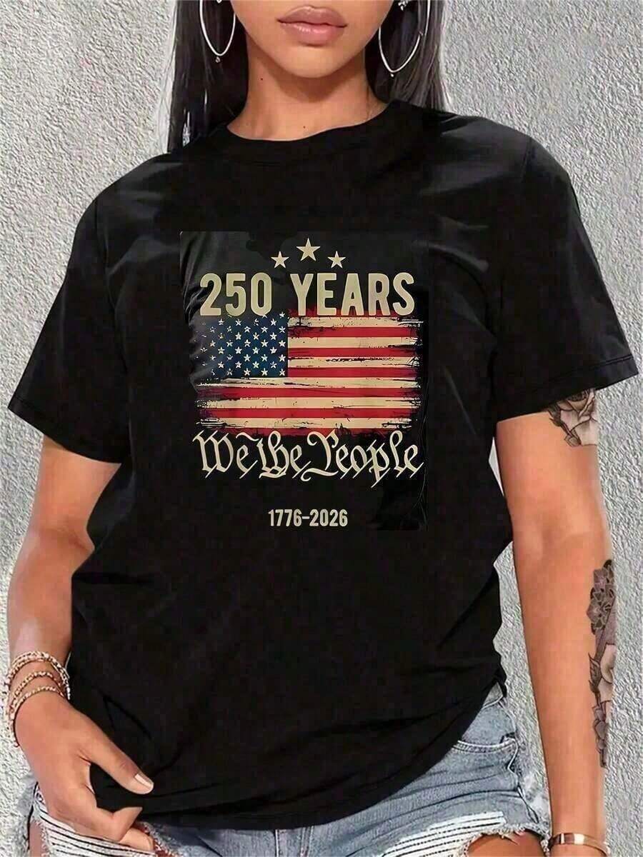 Camiseta de estilo deportivo casual de verano para mujer a la moda.Camiseta de estilo deportivo casual de verano a la moda para mujer, camiseta del 250º aniversario de EE. UU. 1776-2026, camisetas patrióticas de manga corta para el 250º cumpleaños, camiseta americana para mujer, camiseta estampada para mujer 2026, camiseta gráfica vintage Y2K 2026, tops de verano para mujer 2026, nuevos conjuntos de vacaciones para mujer, ropa de verano, atuendo para concierto de mujeres, atuendo para concierto country, ropa de uso diario. - Negro - Ver 1