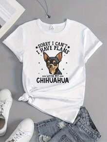 Camiseta de mujer con diseño de perro lindo, lo siento, no puedo planear con mi Chihuahua, camiseta de mujer Ladyfit con diseño de perro, regalo lindo para amantes de los perros, camiseta divertida de Chihuahua, camiseta con estampado, popular en verano, transpirable, cómoda, top deportivo casual de manga corta, ropa de mujer. - Blanco - Ver 4