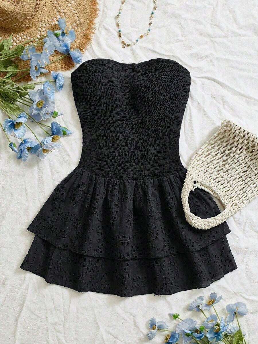 Vestido azul marino con cintura ceñida, plisado, sin tirantes, sexy, calado, con bordado y dobladillo fruncido, estilo vacaciones - Negro - Ver 1