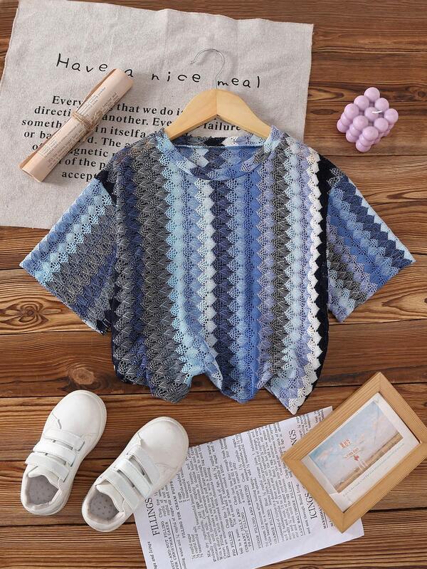 1pc Girls' Casual Loose Knit Gradient Blue & White Wavy Hollow Short Sleeve Top, Suitable For Summer Outing & Daily Wear