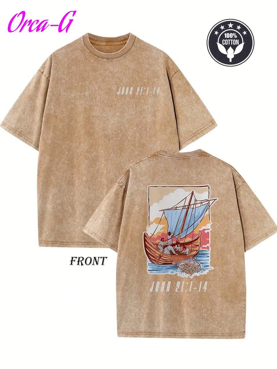 Washed - [Orca Coatings]Camiseta Vintage de 250g para Hombre - Diseño de Pesca según la Biblia, Juan 1:14 - Corte Holgado, Hombros Caídos - Efecto Algodón Lavado Beige/Marrón - Estilo Urbano Esencial para Uso Diario y Eventos - Lavable a Máquina, Estilo Hippie, Cuello Acanalado - marrón café - Ver 1
