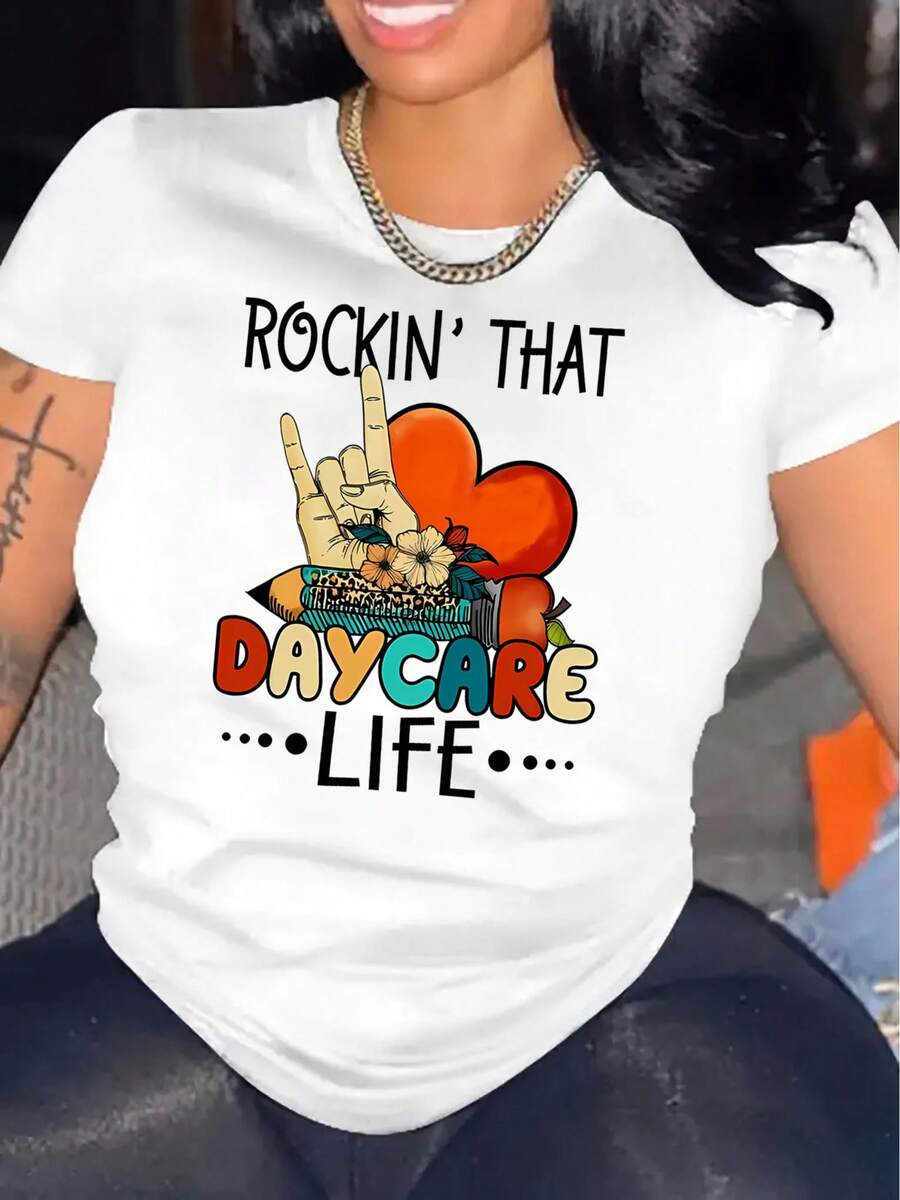 100% Algodón Talla Grande - Talla Grande - Camiseta Gráfica para Mujer, Celebrando la Vida en la Guardería - Camiseta negra de manga corta con un divertido diseño de cabeza que se mueve y un patrón de corazones, hecha de tela ligera, perfecta para uso casual, con un diseño divertido. | Top estampado interesante | Tela elástica para uso diario informal - Blanco - Ver 1