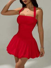 Vestido informal corto de unicolor con cuello de lazo y espalda descubierta para mujer - Rojo - Ver 1