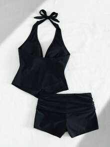 Đồ bơi nữ Tankini, Áo bơi tank top cổ yếm chấm bi nâng ngực, quần bơi ngắn cho kỳ nghỉ, đi chơi, tập gym, trang phục mùa hè thời trang, đồ đi biển màu đen - màu đen - Xem 7