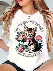 Camisetas Gráficas de Cuello Redondo Oversize para Mujer, 100% Algodón, Diseño Floral de Gato 'Rage Consumes Me', Ropa Casual, Tops de Manga Corta Holgados para Primavera, Camisetas Básicas - Blanco - Ver 1