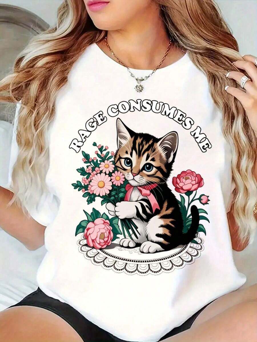 Camisetas Gráficas de Cuello Redondo Oversize para Mujer, 100% Algodón, Diseño Floral de Gato 'Rage Consumes Me', Ropa Casual, Tops de Manga Corta Holgados para Primavera, Camisetas Básicas - Blanco - Ver 1