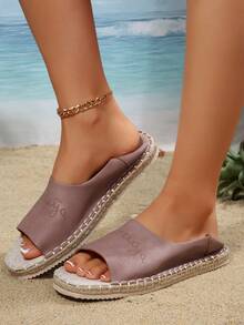 Open Toe Slip-On Espadrille Flats, Women's Casual Summer Beach Shoes, Comfortable Flat Sandals For Vacation - Purple - View 4