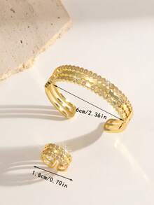 1 set Bracelet ouvert et bague en zirconium à motif nid d'abeille classique, convient pour le port quotidien des femmes, un cadeau idéal pour les festivals - Or jaune - Voir 2