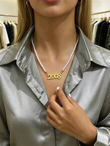 1PC Boho White Beaded Necklace With Gold 1980-2026 Year Pendant, Fashion Jewelry For Women, Daily Wear, Party, Summer Vacation & Gift - Multicolor - View 2