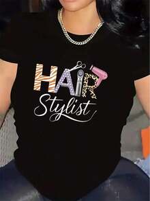 Graphic T-Shirt For Stylists - Professional Salon T-Shirt With Scissors And Brush Design - Breathable Polyester T-Shirt For Women And Men - Comfortable Fit For All Seasons - Ideal For Stylists And Barbers - Easy Care Salon Apparel, Barber Accessories, Unisex Clothing, Fun Design, Durable Fabric, Work T-Shirt, Creative Professionals, Women's Workwear, Stylish Workwear, Lightweight Material, Short Sleeve - 黑色 - 查看 12