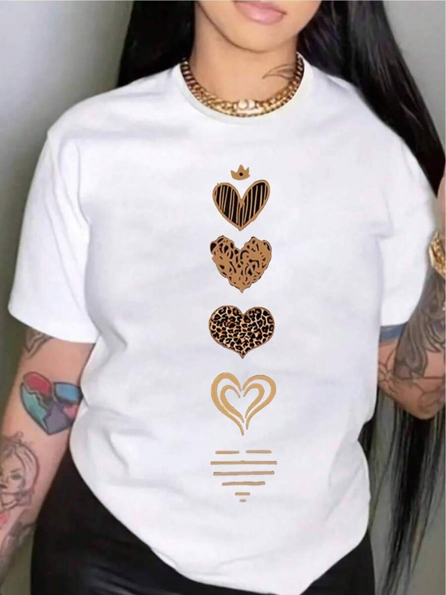 Camiseta suave 100% algodón YOCASA para mujer, casual de verano, cuello redondo, ajustada, de manga corta, con estampado de pintura al óleo, flores, corazones, cerezas y letras. Tela sencilla e informal, estilo deportivo, ideal para uso diario y citas de San Valentín. Camiseta de algodón transpirable, combina con todo. - Blanco - Ver 1