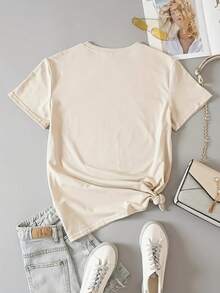 GiftJenelle Women's Short Sleeve Printed T-Shirt, Round Neck, Elegant Casual Fashion, Soft - 杏色 - 查看 3