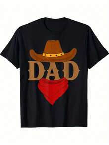 Matching Family T-Shirt For Dad, Mom, And Child's Birthday, Western Rodeo Style - Black With Brown Cowboy Hat And "DAD" Print, Premium Cotton, Machine Washable, Adult Regular Fit, Casual Wear For All Seasons, Special Occasion Wear, Fun Design T-Shirt For Themed Events, Sizes S Y2k - 黑色 - 查看 1