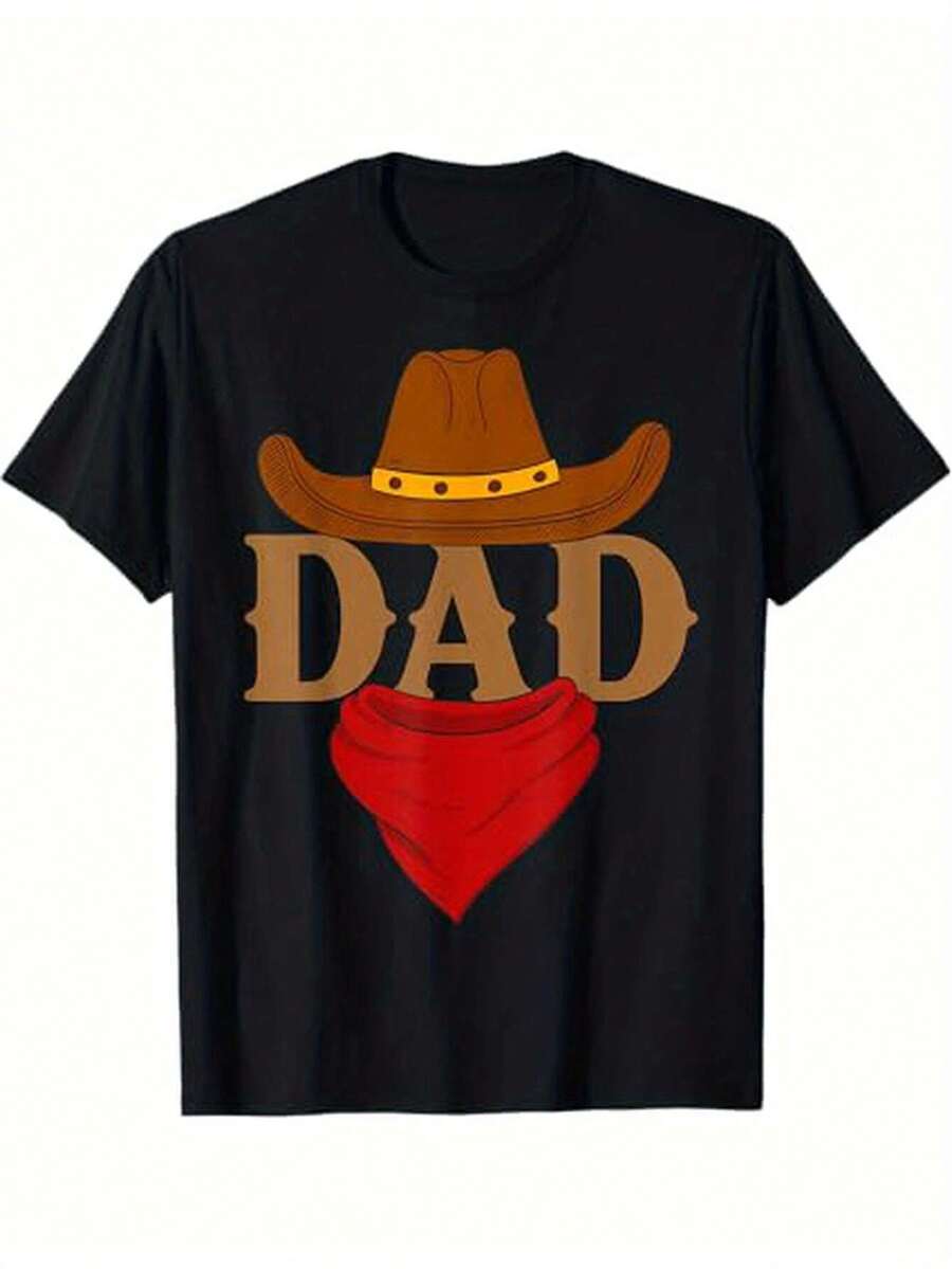 Matching Family T-Shirt For Dad, Mom, And Child's Birthday, Western Rodeo Style - Black With Brown Cowboy Hat And "DAD" Print, Premium Cotton, Machine Washable, Adult Regular Fit, Casual Wear For All Seasons, Special Occasion Wear, Fun Design T-Shirt For Themed Events, Sizes S Y2k - 黑色 - 查看 1