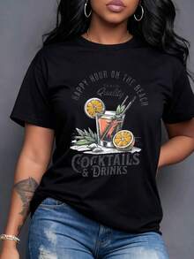 A Vibrant Summer Cocktail With Fresh Oranges And Mint, Evoking Happiness, The Beach, And Relaxation On Your Vacation. Ideal For Sunny Days And Special Celebrations. Women's T-Shirt, 100% Cotton, Maija Women's Curvy. - 黑色 - 查看 7