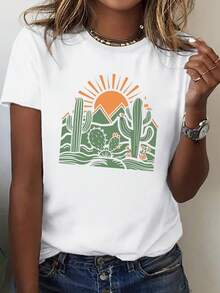 Camiseta de mujer - Camiseta blanca con estampado de cactus y paisaje desértico del suroeste - Camiseta casual de manga corta, suave y transpirable, con diseños de cactus verdes y paisajes desérticos, adecuada para ropa de estilo suroeste (lavable a máquina) para uso casual. - Blanco - Ver 7