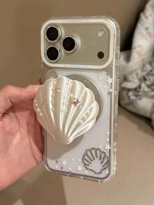Elegante funda protectora con soporte magnético para teléfono, estilo coreano con cristales y concha, compatible con iPhone 17 Pro Max, 16 Pro Max, nuevo 15 Pro, 14 con cobertura completa y protección anti-caídas para mujeres - Blanco - Ver 2