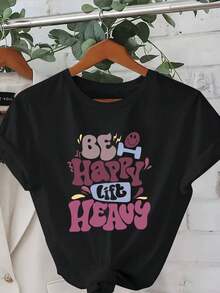 Camiseta Casual Verde Oliva para Mujer con Estampado "Be Happy, Lift Heavy" - Manga Corta, Cuello Redondo, Corte Holgado, Mezcla de Algodón Ligero, Perfecta para Atuendos Casuales, Camisetas Y2k - Blanco - Ver 10