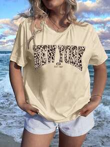 Women's Leopard Print And Lettering T-Shirts, Casual Minimalist Design, Loose Fit, Crew Neck, Short Sleeves, Pullover Style, Suitable For Everyday Summer Wear. Y2K Style Activewear, Crew Neck, 100% Cotton, Soft Fabric, Short Sleeves. - 杏色 - 查看 6