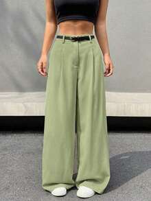 Pantalones de pierna ancha con cinturón de talle alto, perfectos para el tiempo libre, primavera/otoño, con botón, bolsillo y cremallera, de pierna recta natural, pierna ancha, sueltos y negros, para uso casual diario. - Fresh Green - Ver 5