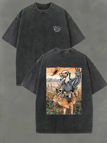 New Summer 2026 Collection Western-Style Fun Illustration Men's Washed Cotton Short-Sleeve T-Shirt Top, 100% Pure Cotton 220 Grams, Double-Sided Printed Pattern, Vintage Street Style, Summer Outfits For Women, Vacation Outfits For Women, 4th Of July Outfit For Women - 黑色 - 查看 12