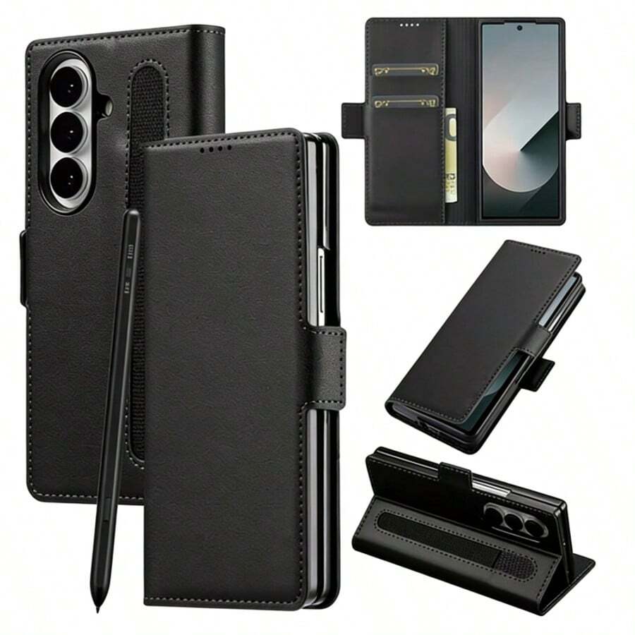 Ốp điện thoại giả da thời trang công sở, tương thích với Samsung Galaxy Z Fold 7 6 5 4 3, có khe đựng bút, 3 khe đựng thẻ, chống trộm, kiểu ví đựng thẻ.