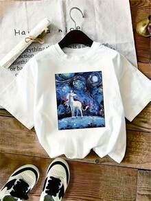 1 camiseta de mujer con estampado de unicornio y cielo estrellado, con un diseño soñador lleno de misterio.Perfecta como regalo para las fiestas o un cumpleaños, esta ropa casual elegante y versátil es recomendada para atuendos diarios, ofreciendo simplicidad y comodidad, ideal para mujeres y es una Camiseta Y2k. - Blanco - Ver 10
