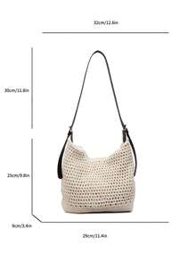 Handmade Woven Straw Shoulder Bag, Minimalist & Fashionable - Beige - View 2