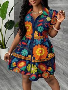 Vestido mini minimalista casual de mujer, adecuado para el verano, las vacaciones, estampado floral tropical, manga abullonada, corte evasé, estilo bohemio - Azul marino - Ver 4
