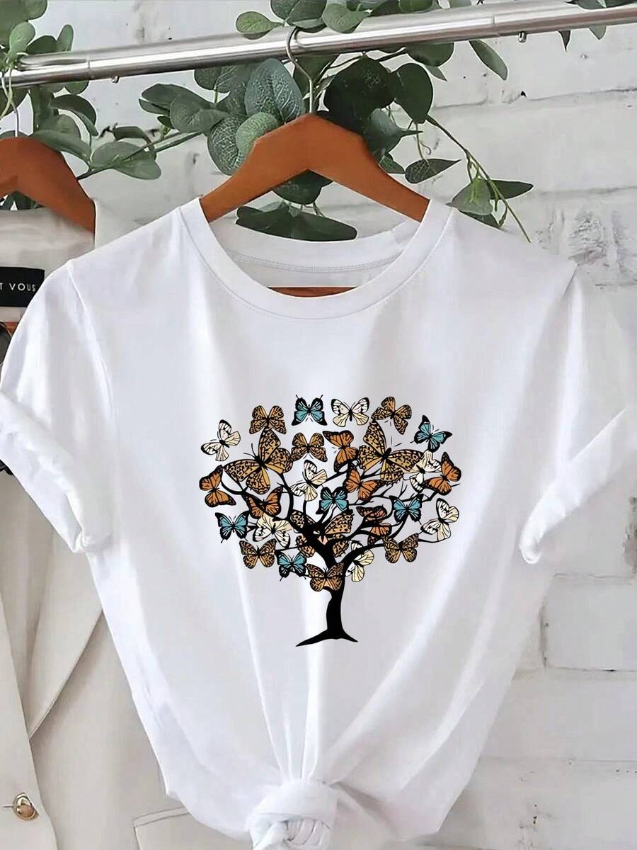 Fashionable T-Shirt With Print And Round Neck, Short Sleeves, Plus Size, Women's Clothing, Women's Garments - 白色 - 查看 1