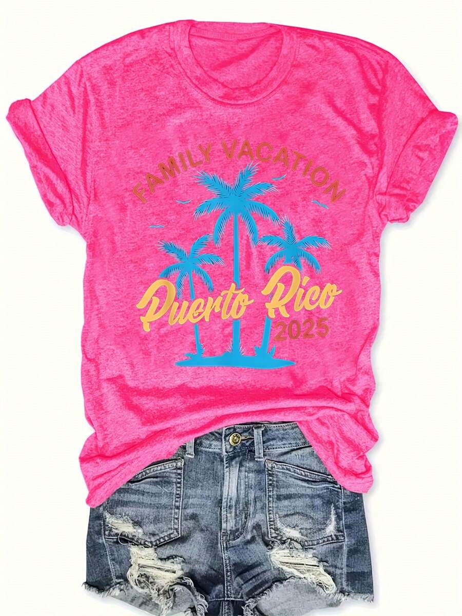 Women's Plus Size Graphic T-Shirt With Puerto Rico Design - Casual Short Sleeve Crew Neck Top With Palm Tree Design, Bright Pink, Perfect For Spring And Summer, Casual Spring Wear | Family Vacation Design | Vibrant Print T-Shirt, Puerto Rico T-Shirt - 玫紅色 - 查看 1