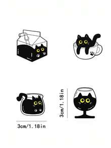 1枚创意黑猫胸针，金属徽章，咖啡猫、茶杯猫、牛奶猫、酒杯猫造型，可作包包和服装装饰，设计精致，适合日常穿搭和派对配饰。 - 彩色 - 查看 4