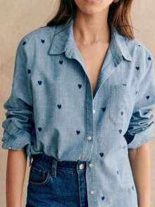 Camisa polo de manga larga con bolsillo y estampado de corazón de unicolor básico casual para mujer, adecuada para uso diario en , verano y otoño - Multicolor - Ver 9