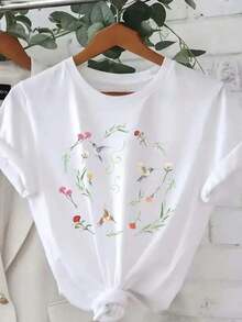 1 Piece, Plus Size, Women's Plus Size Clothing, Women's Plus Size T-Shirt, Casual Short Sleeve Crew Neck Top, Medium Stretch Fabric, Washed, Comfortable Fit For All Seasons, Women's T-Shirt, Unique 2D Flat Print T-Shirt, Comfortable Fit, 2D Flat 180g 100% Cotton - 白色 - 查看 8