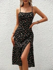 2024 Women's Floral Print Spaghetti Strap Summer Boho Beach Dress Elegant Printed Straps Square Neck Slit Dress - 藍點 - 查看 8