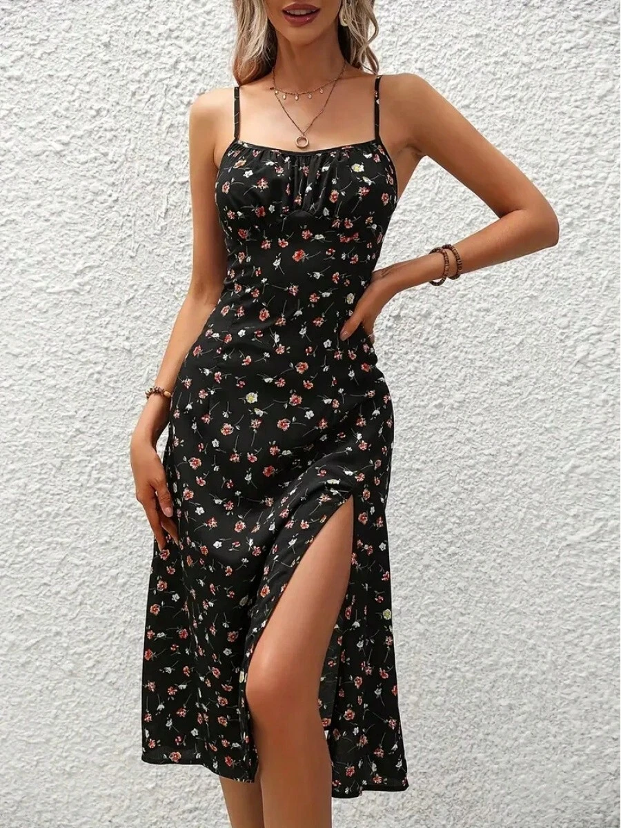 2024 Women's Floral Print Spaghetti Strap Summer Boho Beach Dress Elegant Printed Straps Square Neck Slit Dress - 黑色花卉 - 查看 1