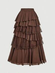 MOD Elegancia bohemia-occidental: Falda larga de gasa y encaje fluida en albaricoque - Tu compañera sin esfuerzo para picnics a la hora dorada y aventuras bohemias - Rosa - Ver 6