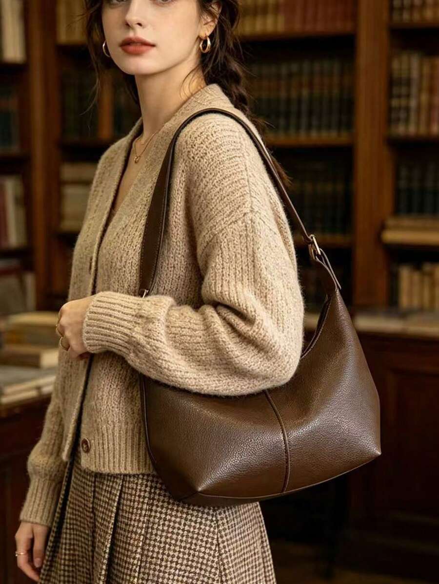 简约纯色半圆形单肩包,复古压纹软皮新月形斜挎包,女士休闲日常手提包 - 咖啡 - 查看 1