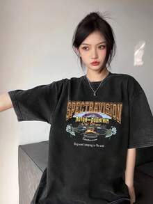 Camiseta de Manga Corta Lavada con Diseño Vintage, Estampado de Marca Moderna, Cuello Redondo Holgado y Versátil para Mujer, Moda de Verano Y2K - Negro - Ver 3