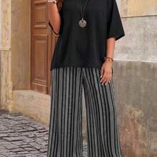 Plus Size Holiday Casual Solid Color Top And Paisley Print Pants 2 Pieces Set,Holiday Outfits Boho - Multicolor - Ver 1