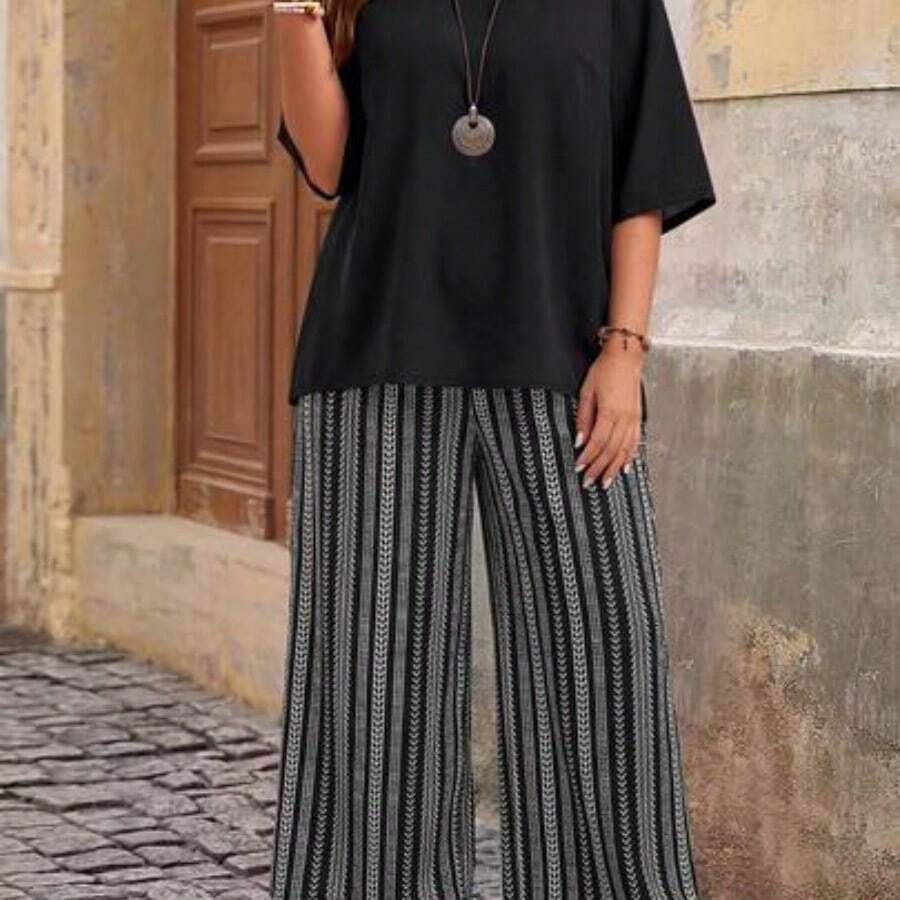 Plus Size Holiday Casual Solid Color Top And Paisley Print Pants 2 Pieces Set,Holiday Outfits Boho - Multicolor - Ver 1