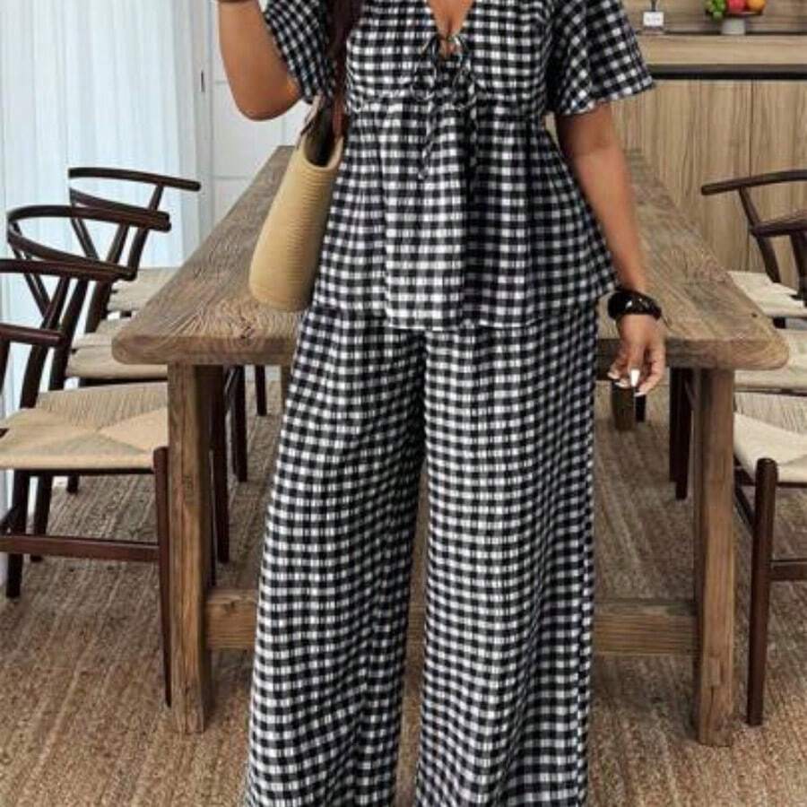 2pcs Plus Size Women Set: Plaid Tie Front Short Sleeve Shirt And Wide Leg Pants - Negro - Ver 1