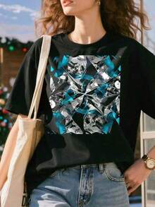 1 Piece Short Sleeve Knit T-Shirt With Round Neck, Modern Abstract Art Design In Blue Peak Relief And White, Loose Fit, 100% Cotton, 180g. - Black - View 3
