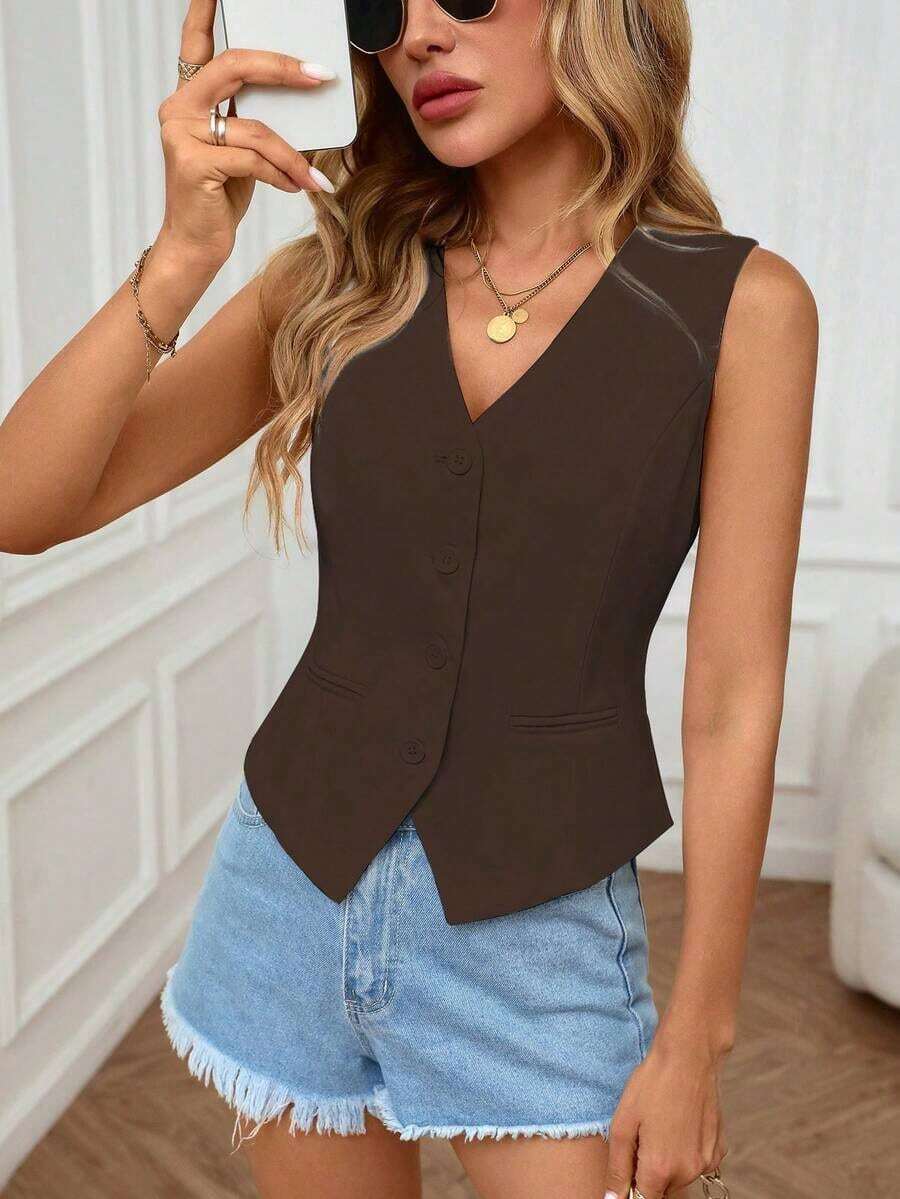 Chaleco sin mangas elegante y casual para uso diario en verano para mujeres - Café integral - Ver 1