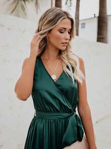 Vestido largo de talla grande sin mangas con escote en V y abertura alta de color sólido - Verde - Ver 5